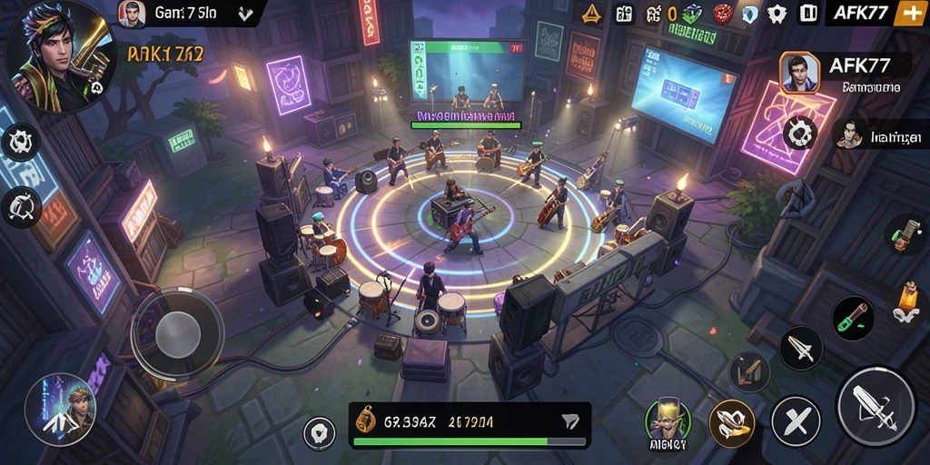 Tangkapan layar gameplay <strong>AFK77</strong> menunjukkan pengalaman musik yang interaktif dan menarik.