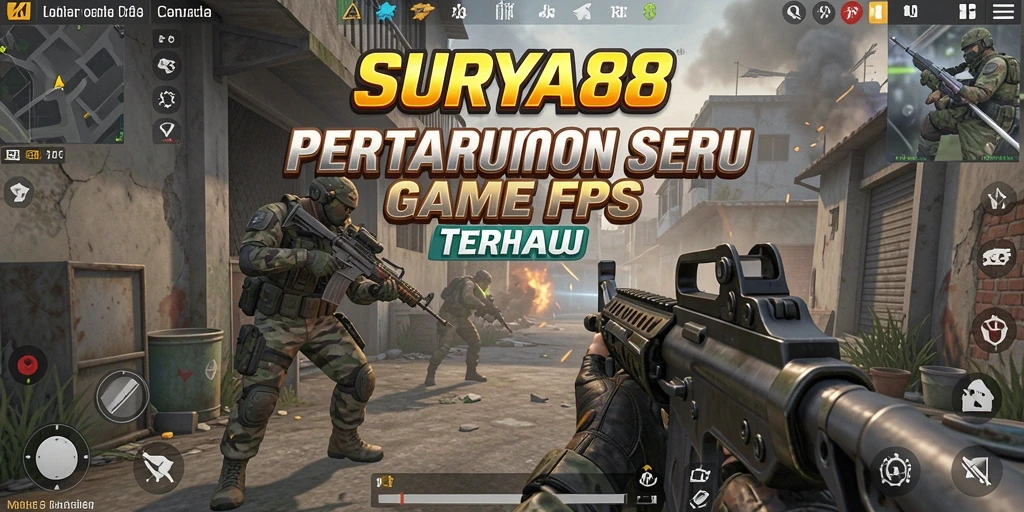 Screenshot dari gameplay <strong>SURYA88</strong>, menampilkan aksi menegangkan dalam pertempuran FPS.